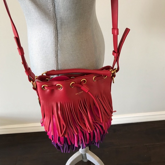 YSL-Red Tricolor Emmanuelle Fringe Bucket Bag - Picture 3 of 8